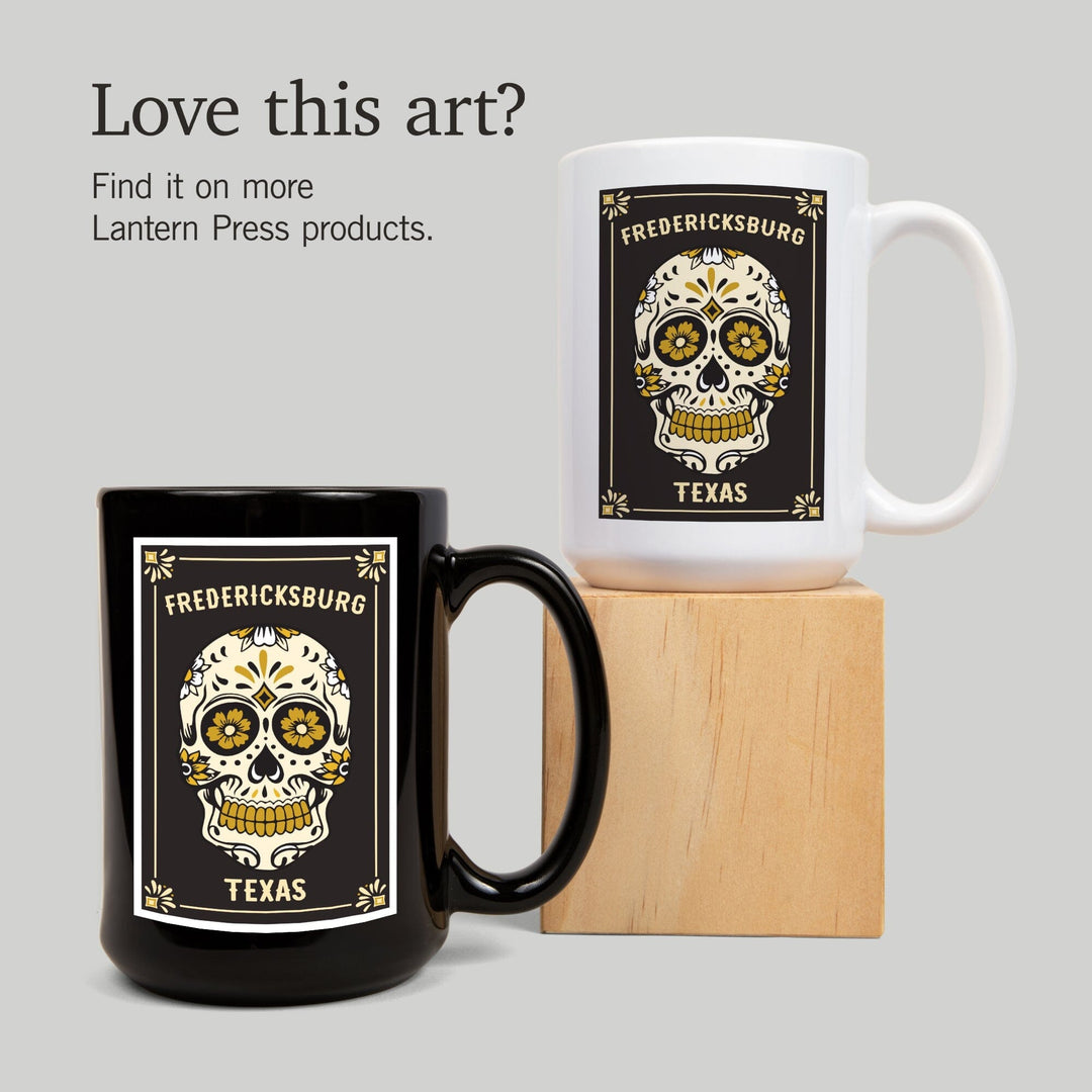 Fredericksburg, Texas, Day of the Dead, Sugar Skull & Flower Pattern (Black & Gold), Lantern Press, Ceramic Mug Mugs Lantern Press 