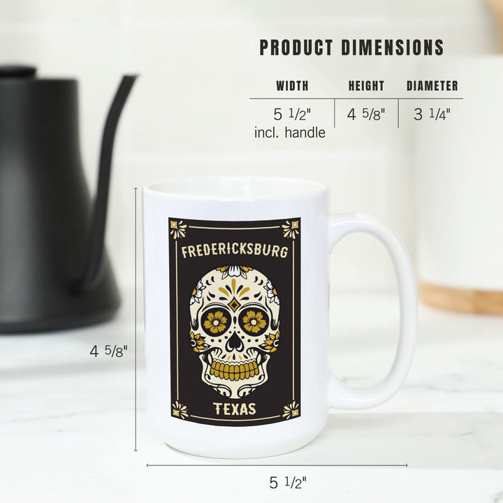 Fredericksburg, Texas, Day of the Dead, Sugar Skull & Flower Pattern (Black & Gold), Lantern Press, Ceramic Mug - Lantern Press