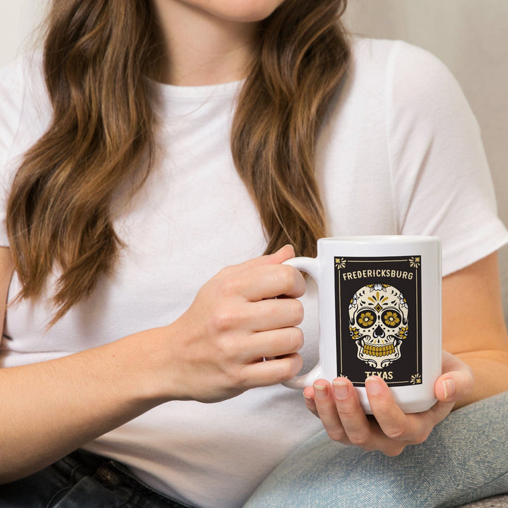 Fredericksburg, Texas, Day of the Dead, Sugar Skull & Flower Pattern (Black & Gold), Lantern Press, Ceramic Mug Mugs Lantern Press 