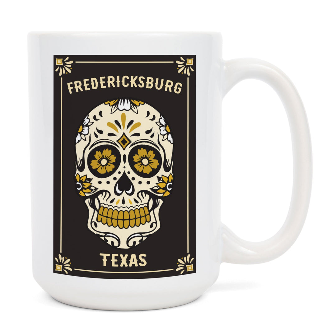 Fredericksburg, Texas, Day of the Dead, Sugar Skull & Flower Pattern (Black & Gold), Lantern Press, Ceramic Mug - Lantern Press