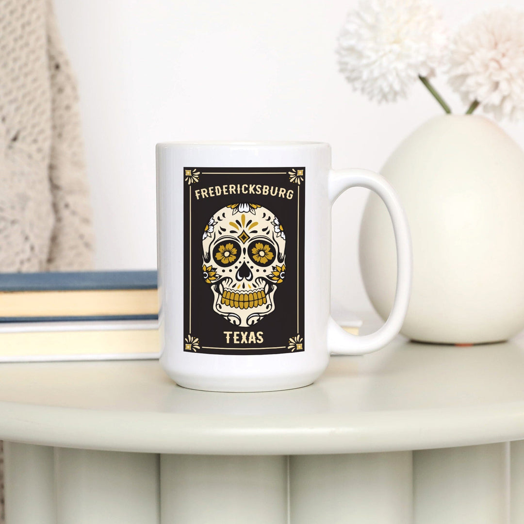 Fredericksburg, Texas, Day of the Dead, Sugar Skull & Flower Pattern (Black & Gold), Lantern Press, Ceramic Mug Mugs Lantern Press 