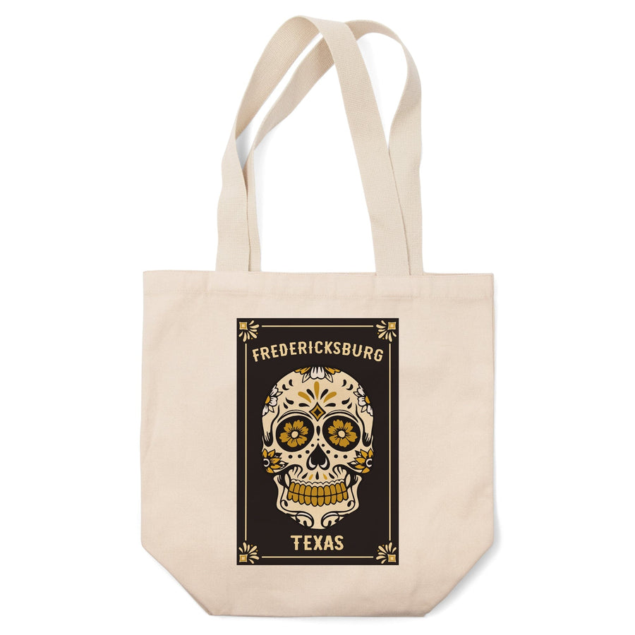 Fredericksburg, Texas, Day of the Dead, Sugar Skull & Flower Pattern (Black & Gold), Lantern Press, Tote Bag Totes Lantern Press 