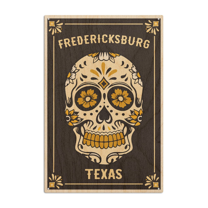 Fredericksburg, Texas, Day of the Dead, Sugar Skull & Flower Pattern (Black & Gold), Lantern Press, Wood Signs and Postcards Wood Lantern Press 10 x 15 Wood Sign 