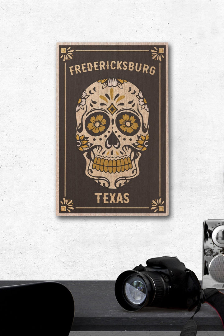 Fredericksburg, Texas, Day of the Dead, Sugar Skull & Flower Pattern (Black & Gold), Lantern Press, Wood Signs and Postcards Wood Lantern Press 12 x 18 Wood Gallery Print 