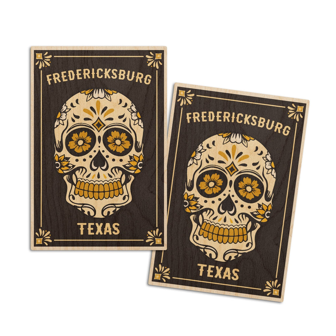 Fredericksburg, Texas, Day of the Dead, Sugar Skull & Flower Pattern (Black & Gold), Lantern Press, Wood Signs and Postcards Wood Lantern Press 4x6 Wood Postcard Set 
