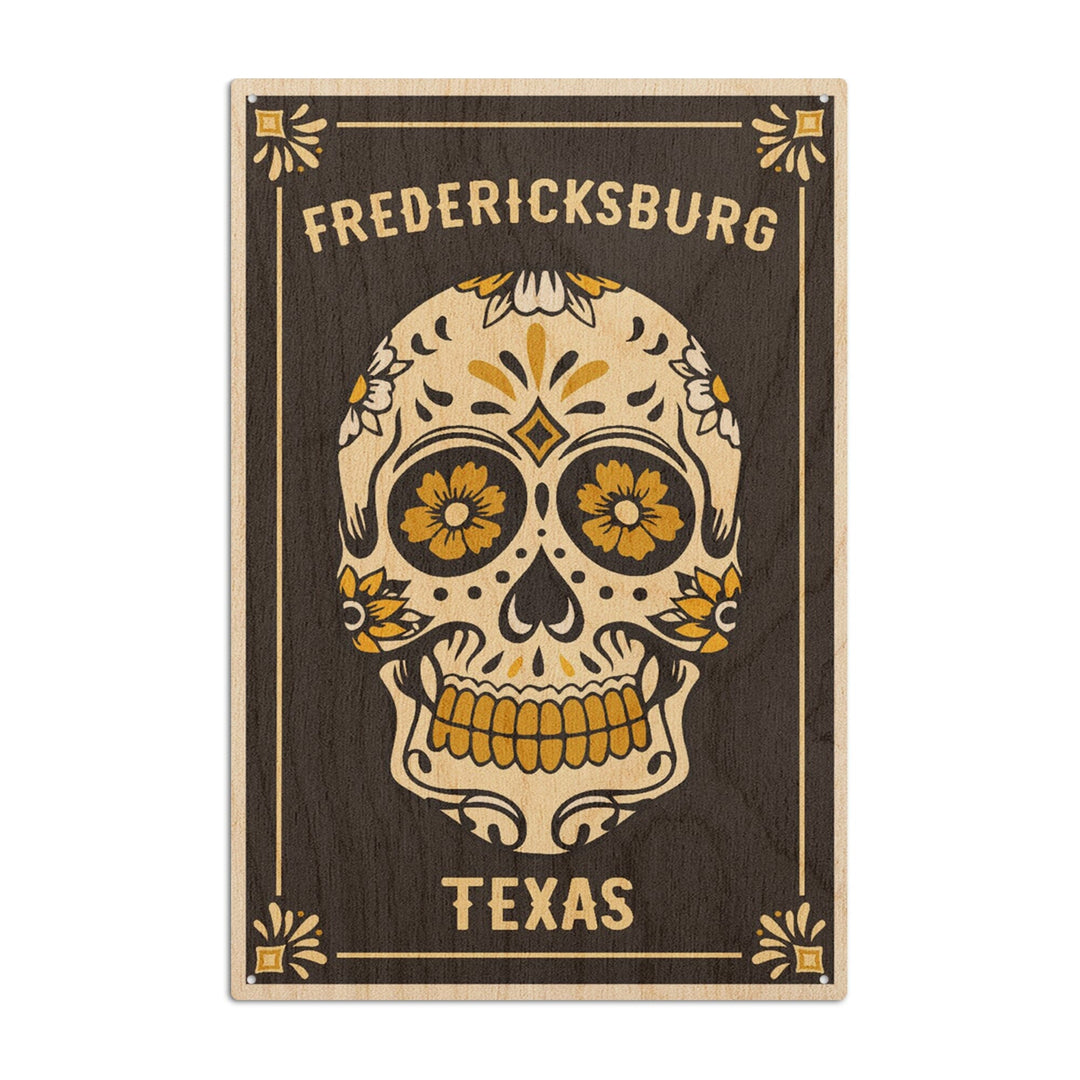 Fredericksburg, Texas, Day of the Dead, Sugar Skull & Flower Pattern (Black & Gold), Lantern Press, Wood Signs and Postcards Wood Lantern Press 6x9 Wood Sign 