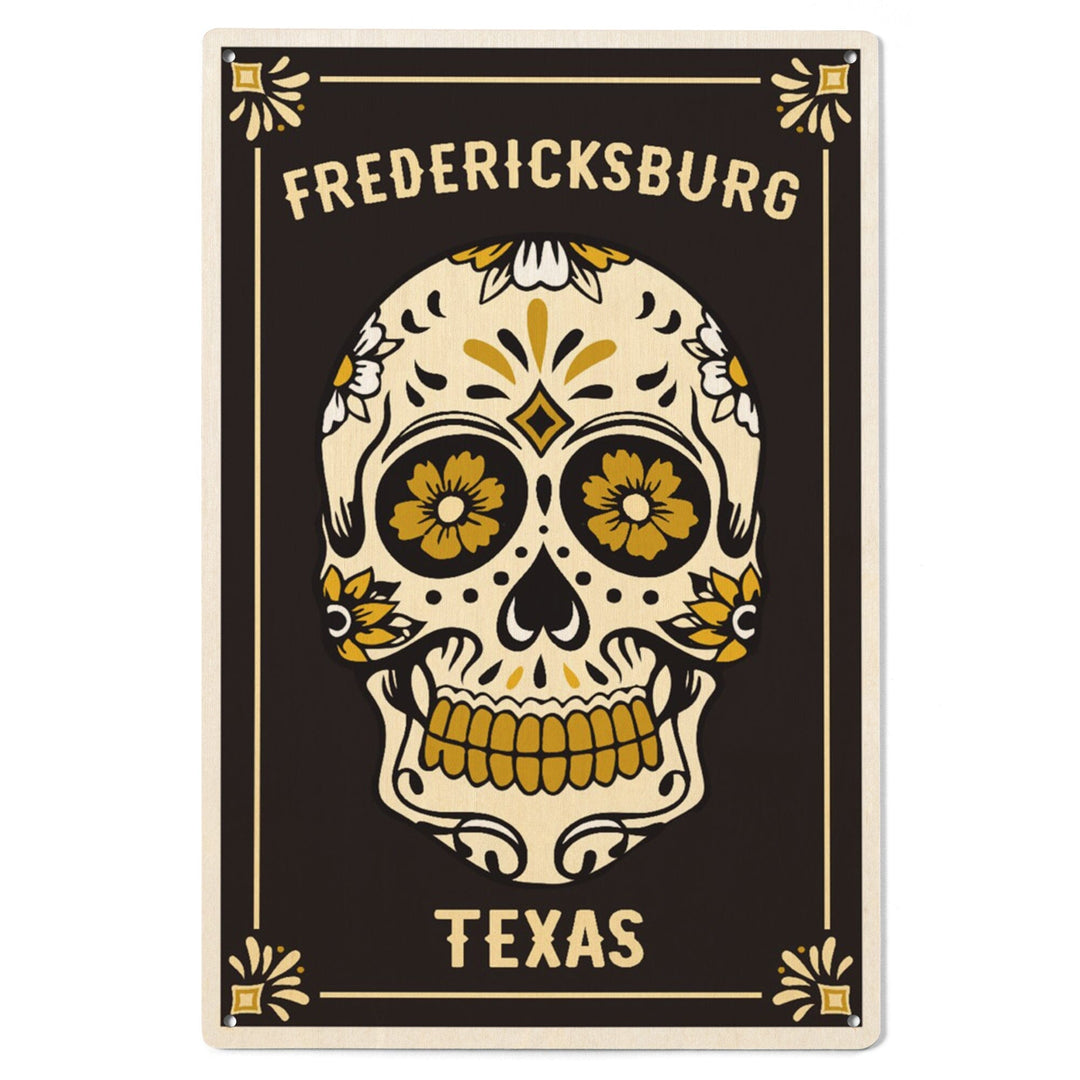 Fredericksburg, Texas, Day of the Dead, Sugar Skull & Flower Pattern (Black & Gold), Lantern Press, Wood Signs and Postcards Wood Lantern Press 