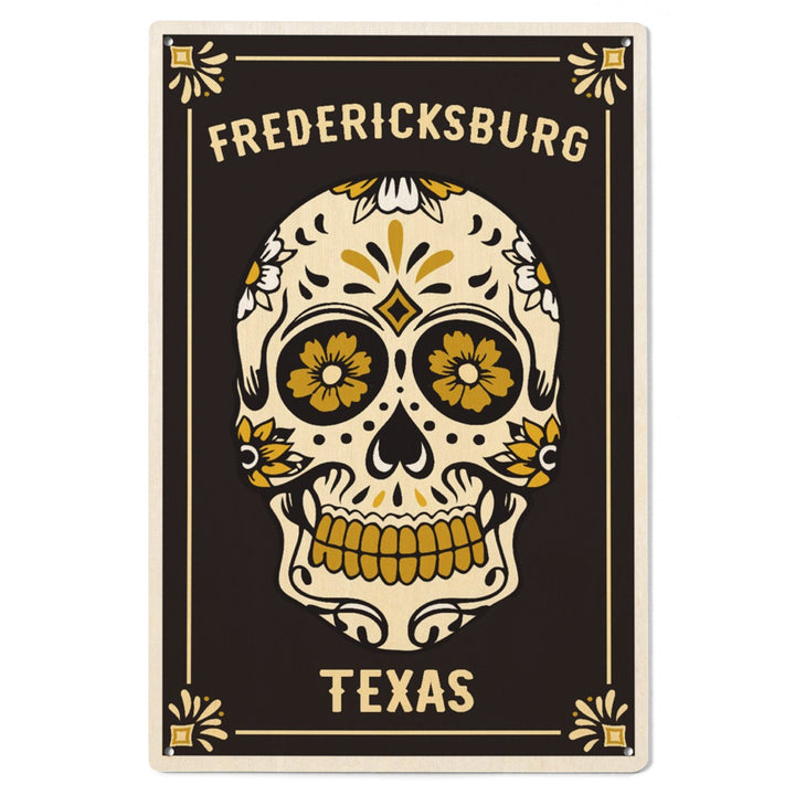 Fredericksburg, Texas, Day of the Dead, Sugar Skull & Flower Pattern (Black & Gold), Lantern Press, Wood Signs and Postcards Wood Lantern Press 