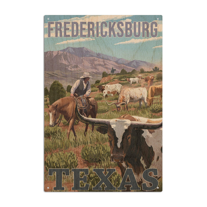 Fredericksburg, Texas, Longhorns, Lantern Press Artwork, Wood Signs and Postcards Wood Lantern Press 10 x 15 Wood Sign 