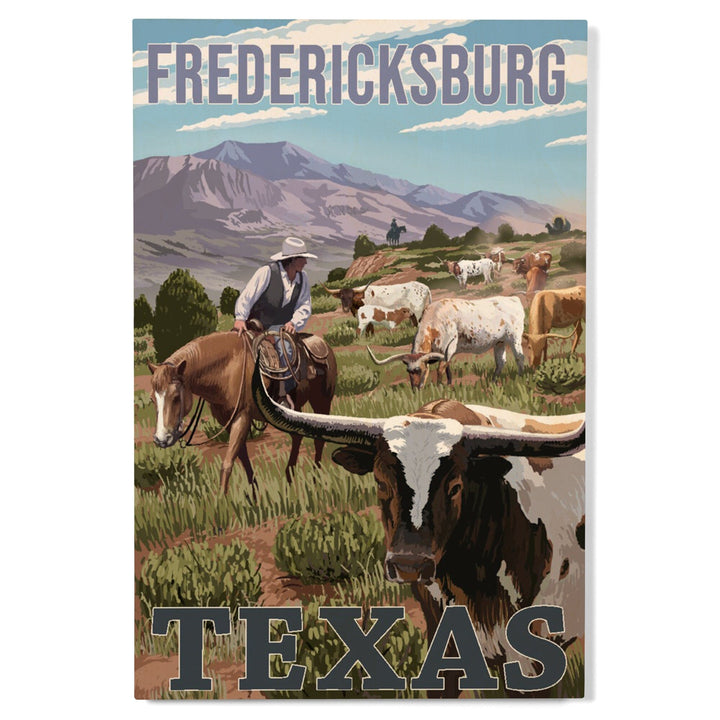 Fredericksburg, Texas, Longhorns, Lantern Press Artwork, Wood Signs and Postcards Wood Lantern Press 