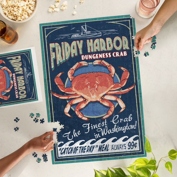 Friday Harbor, San Juan Island, Washington, Dungeness Crab Vintage Sign, Jigsaw Puzzle Puzzle Lantern Press 