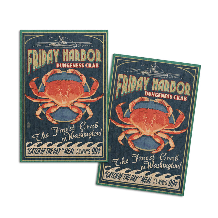 Friday Harbor, San Juan Island, Washington, Dungeness Crab Vintage Sign, Lantern Press Artwork, Wood Signs and Postcards Wood Lantern Press 4x6 Wood Postcard Set 