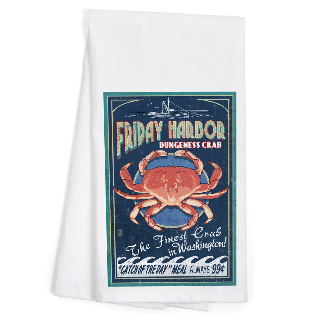 Friday Harbor, San Juan Island, Washington, Dungeness Crab Vintage Sign, Organic Cotton Kitchen Tea Towels Kitchen Lantern Press 