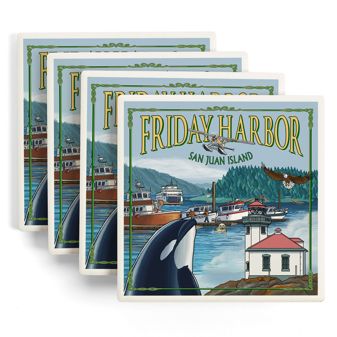 Friday Harbor, San Juan Island, Washington, Views, Lantern Press Artwork, Coaster Set - Lantern Press