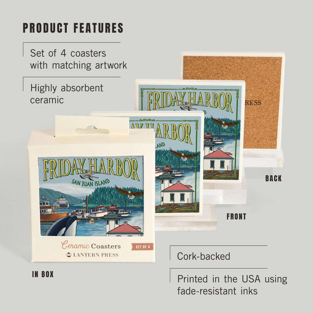 Friday Harbor, San Juan Island, Washington, Views, Lantern Press Artwork, Coaster Set - Lantern Press