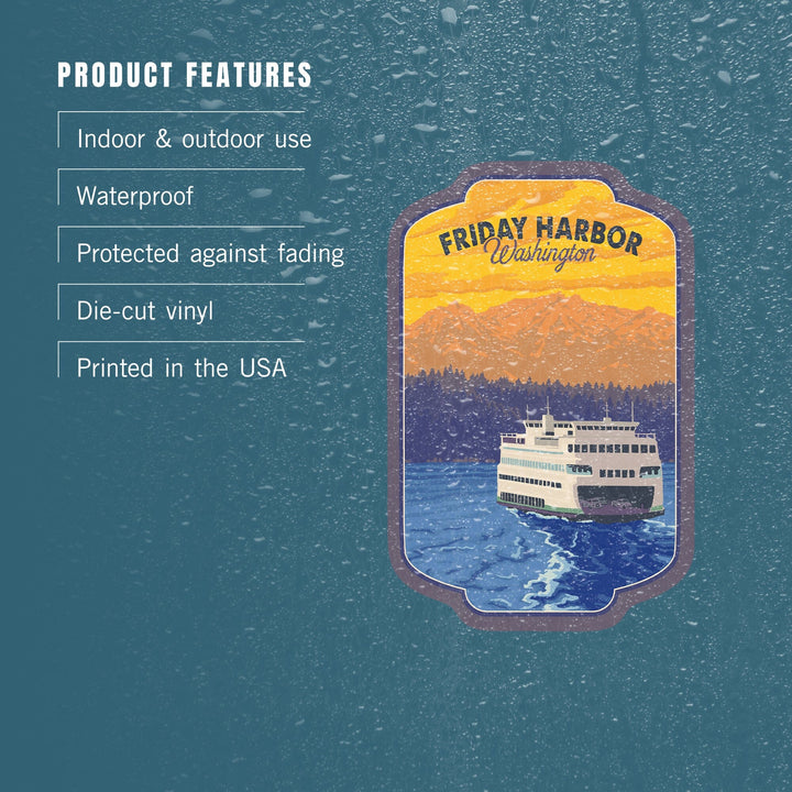 Friday Harbor, Washington, Ferry and Mountains, Contour, Vinyl Sticker Sticker Lantern Press 