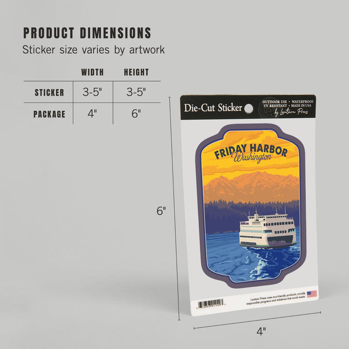 Friday Harbor, Washington, Ferry and Mountains, Contour, Vinyl Sticker Sticker Lantern Press 