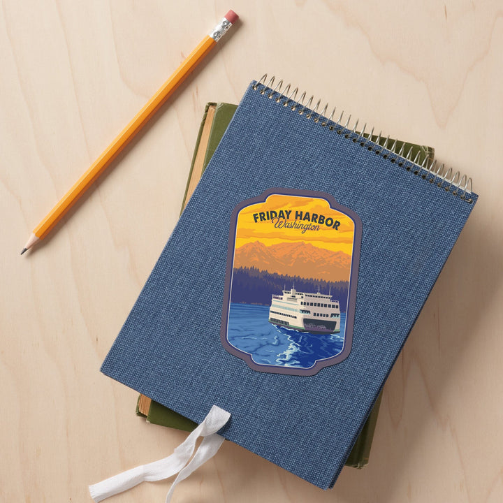 Friday Harbor, Washington, Ferry and Mountains, Contour, Vinyl Sticker Sticker Lantern Press 