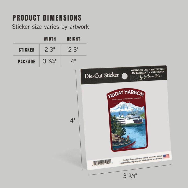 Friday Harbor, Washington, Ferry Scene with Boy, Contour, Vinyl Sticker Sticker Lantern Press 