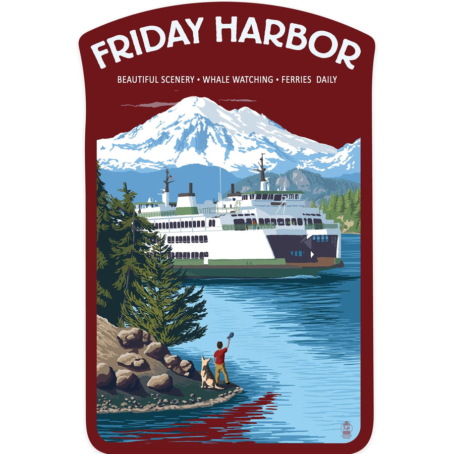 Friday Harbor, Washington, Ferry Scene with Boy, Contour, Vinyl Sticker Sticker Lantern Press 