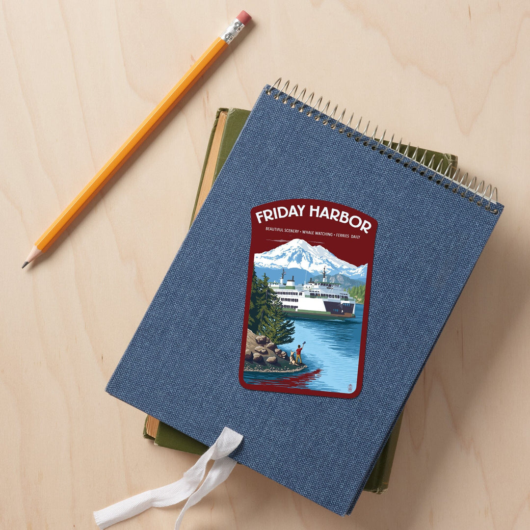 Friday Harbor, Washington, Ferry Scene with Boy, Contour, Vinyl Sticker Sticker Lantern Press 