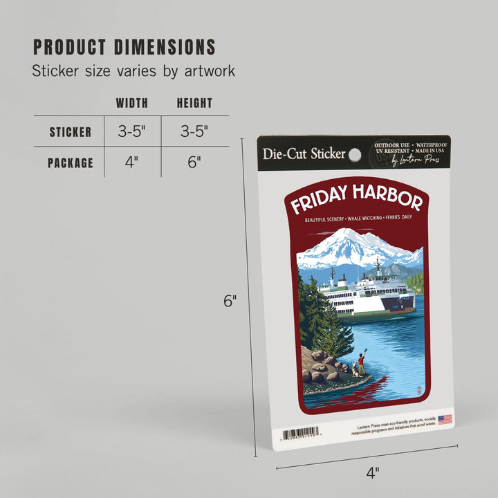 Friday Harbor, Washington, Ferry Scene with Boy, Contour, Vinyl Sticker Sticker Lantern Press 
