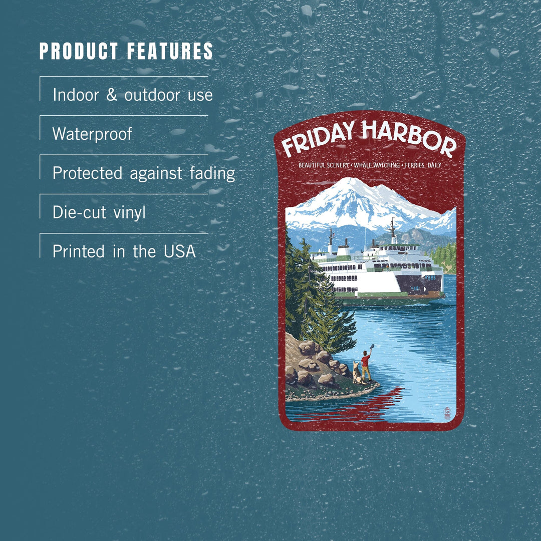 Friday Harbor, Washington, Ferry Scene with Boy, Contour, Vinyl Sticker Sticker Lantern Press 