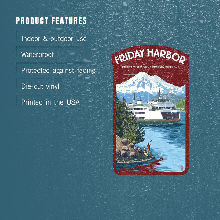 Friday Harbor, Washington, Ferry Scene with Boy, Contour, Vinyl Sticker Sticker Lantern Press 