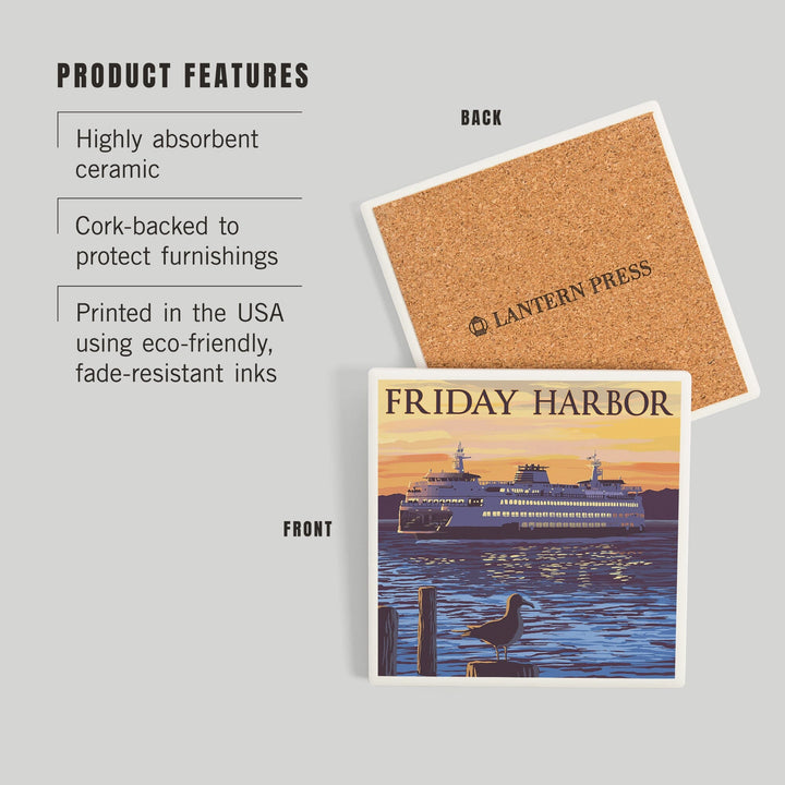 Friday Harbor, Washington, Ferry Sunset and Gull, Coasters Coasters Lantern Press 