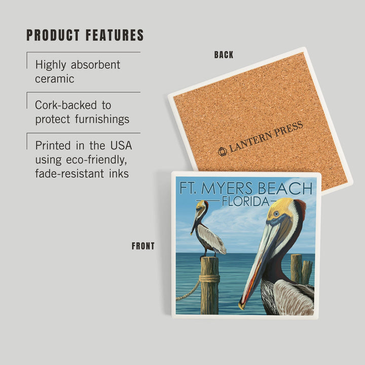 Ft. Myers Beach, Florida, Pelicans, Coasters Coasters Lantern Press 