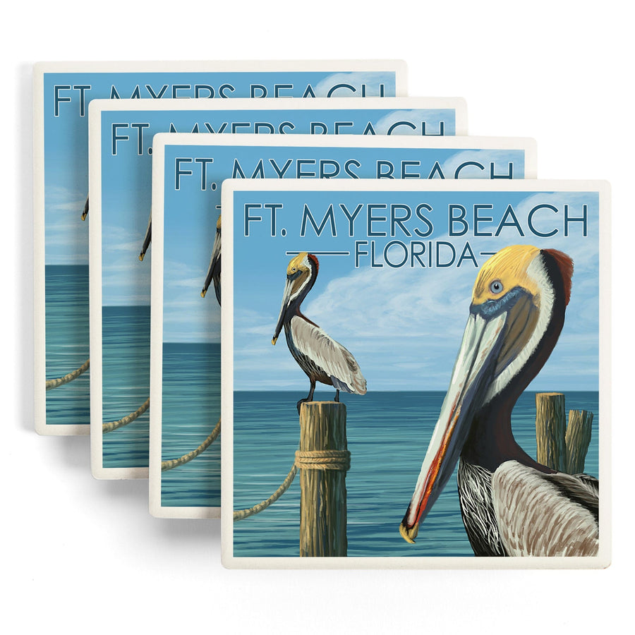 Ft. Myers Beach, Florida, Pelicans, Lantern Press Artwork, Coaster Set - Lantern Press