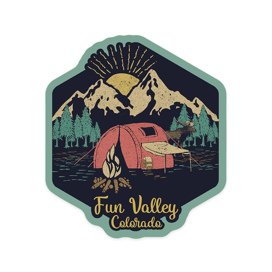 Fun Valley, Colorado, Camping Scene, Contour, Vinyl Sticker - Lantern Press