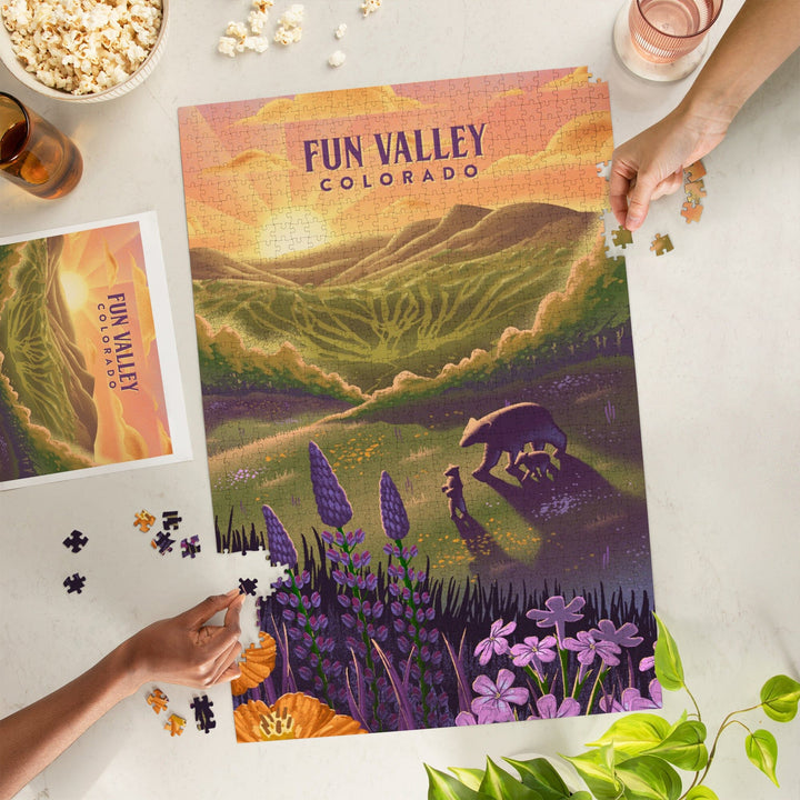 Fun Valley, Colorado, Lithograph, Bear and Spring Flowers, Ski Mountain, Jigsaw Puzzle Puzzle Lantern Press 