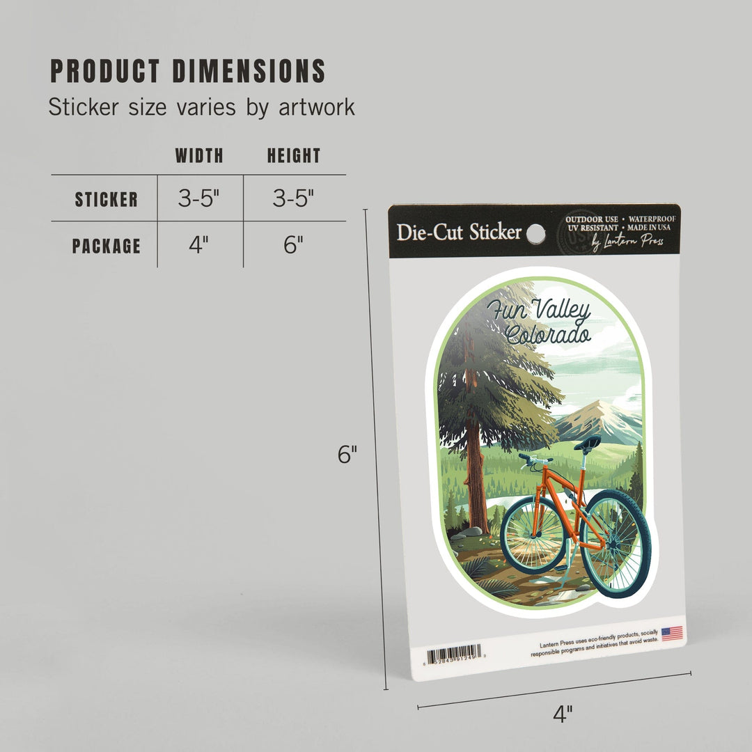 Fun Valley, Colorado, Off To Wander, Cycling with Mountains, Contour, Vinyl Sticker Sticker Lantern Press 