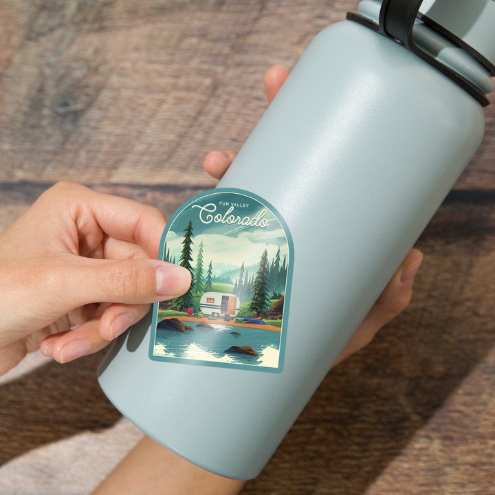 Fun Valley, Colorado, Outdoor Activity, At Home Anywhere, Camper in Evergreens, Contour, Vinyl Sticker Sticker Lantern Press 