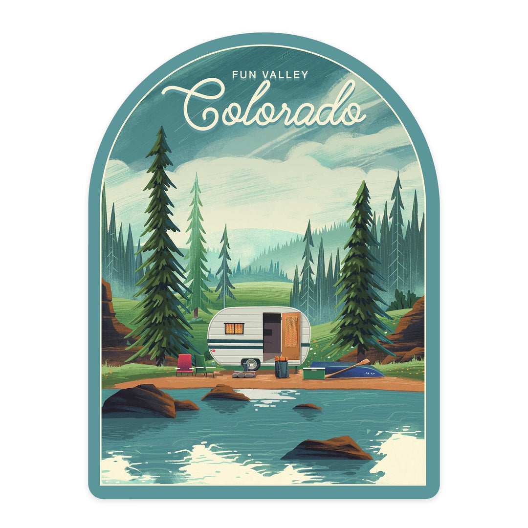 Fun Valley, Colorado, Outdoor Activity, At Home Anywhere, Camper in Evergreens, Contour, Vinyl Sticker Sticker Lantern Press 