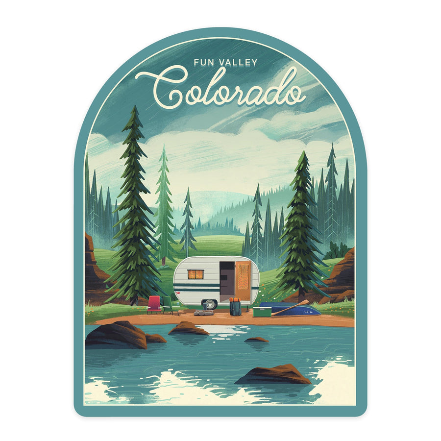 Fun Valley, Colorado, Outdoor Activity, At Home Anywhere, Camper in Evergreens, Contour, Vinyl Sticker Sticker Lantern Press 