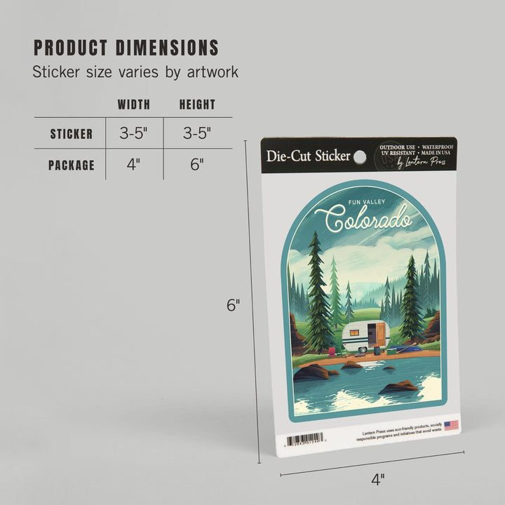 Fun Valley, Colorado, Outdoor Activity, At Home Anywhere, Camper in Evergreens, Contour, Vinyl Sticker Sticker Lantern Press 
