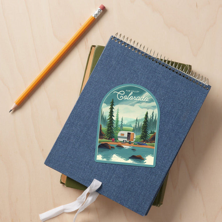 Fun Valley, Colorado, Outdoor Activity, At Home Anywhere, Camper in Evergreens, Contour, Vinyl Sticker Sticker Lantern Press 