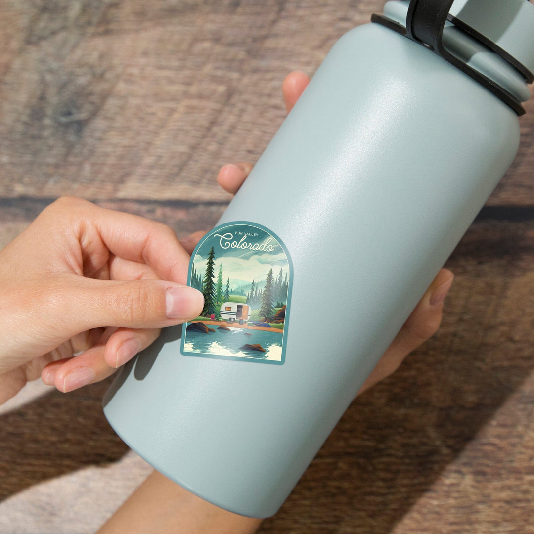 Fun Valley, Colorado, Outdoor Activity, At Home Anywhere, Camper in Evergreens, Contour, Vinyl Sticker Sticker Lantern Press 