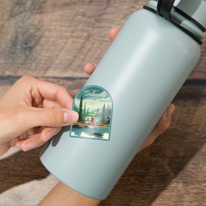 Fun Valley, Colorado, Outdoor Activity, At Home Anywhere, Camper in Evergreens, Contour, Vinyl Sticker Sticker Lantern Press 