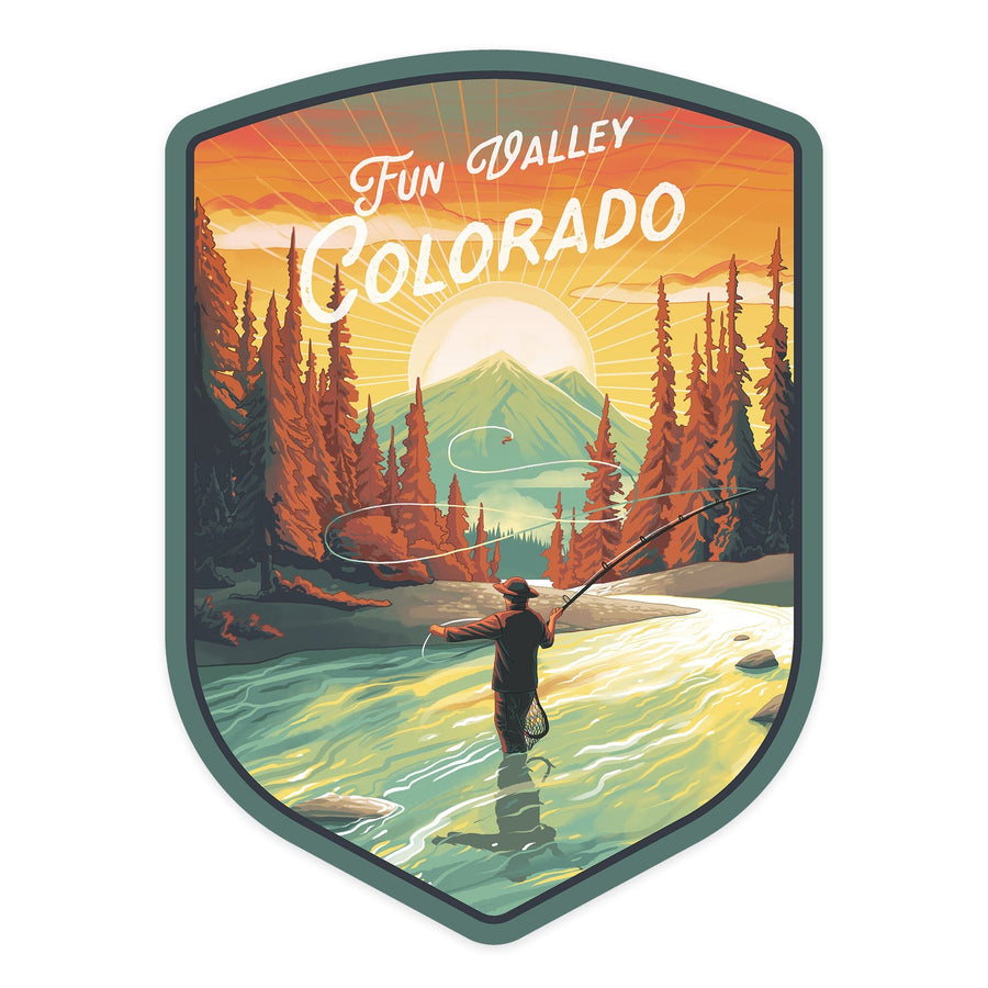 Fun Valley, Colorado, This is Living, Fishing with Mountain, Contour, Vinyl Sticker Sticker Lantern Press 