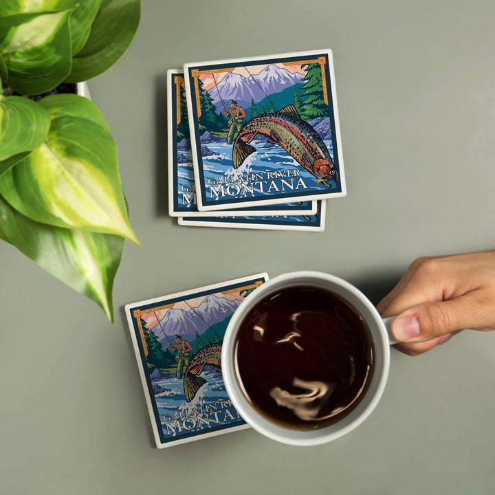 Gallatin River, Montana, Fly Fishing Scene, Coasters Coasters Lantern Press 
