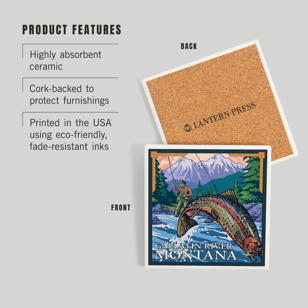 Gallatin River, Montana, Fly Fishing Scene, Coasters Coasters Lantern Press 