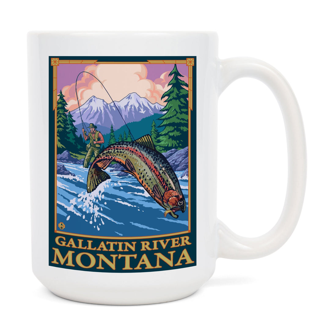 Gallatin River, Montana, Fly Fishing Scene, Lantern Press Artwork, Ceramic Mug Mugs Lantern Press 