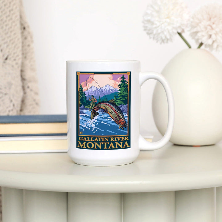 Gallatin River, Montana, Fly Fishing Scene, Lantern Press Artwork, Ceramic Mug Mugs Lantern Press 