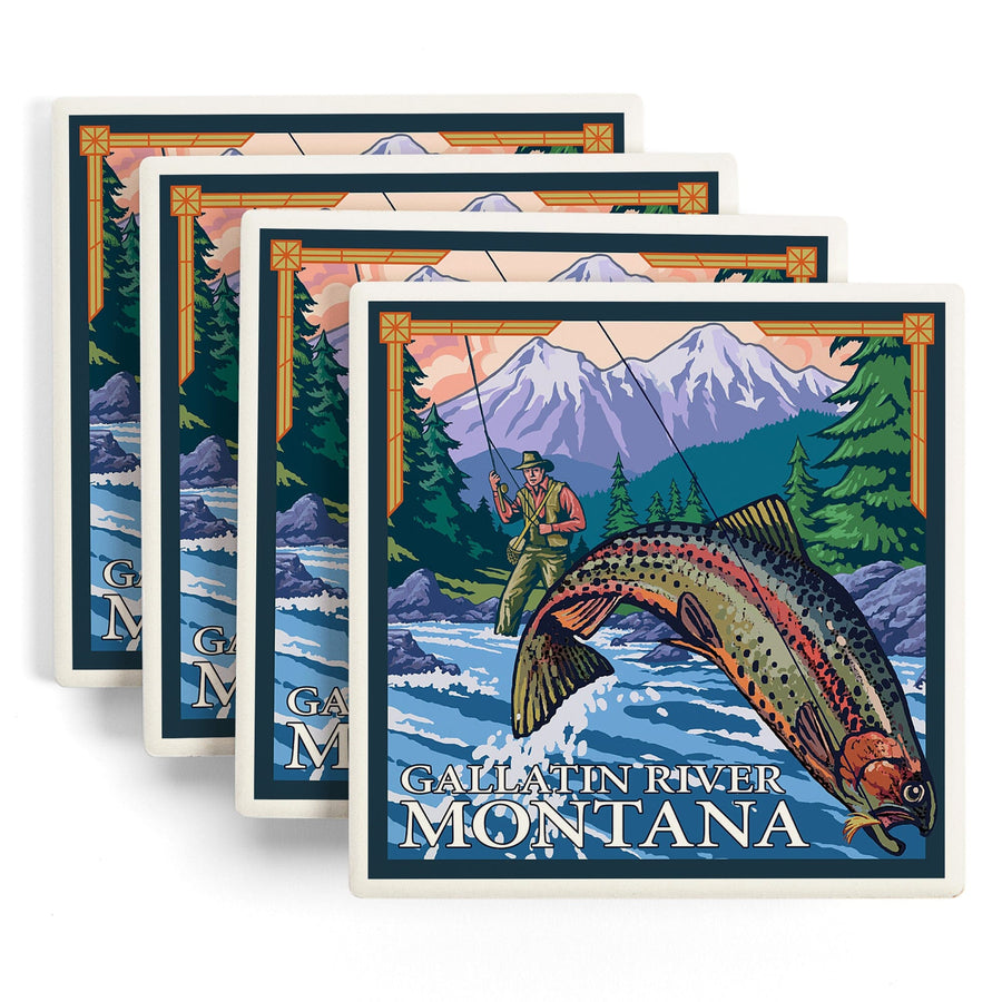 Gallatin River, Montana, Fly Fishing Scene, Lantern Press Artwork, Coaster Set - Lantern Press