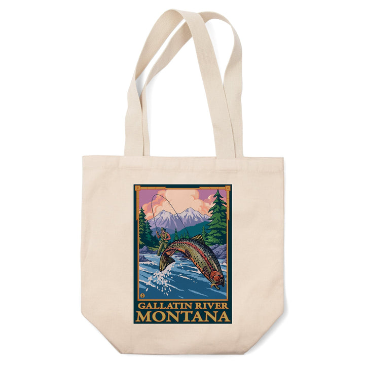 Gallatin River, Montana, Fly Fishing Scene, Lantern Press Artwork, Tote Bag Totes Lantern Press 