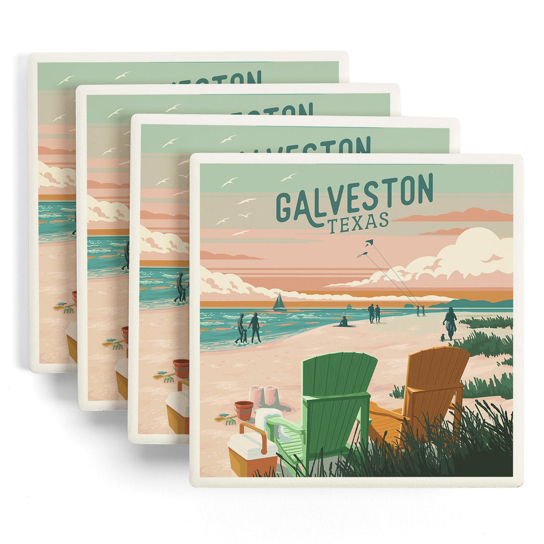Galveston, Texas, Painterly, Bottle This Moment, Beach Chairs, Coasters Coasters Lantern Press 
