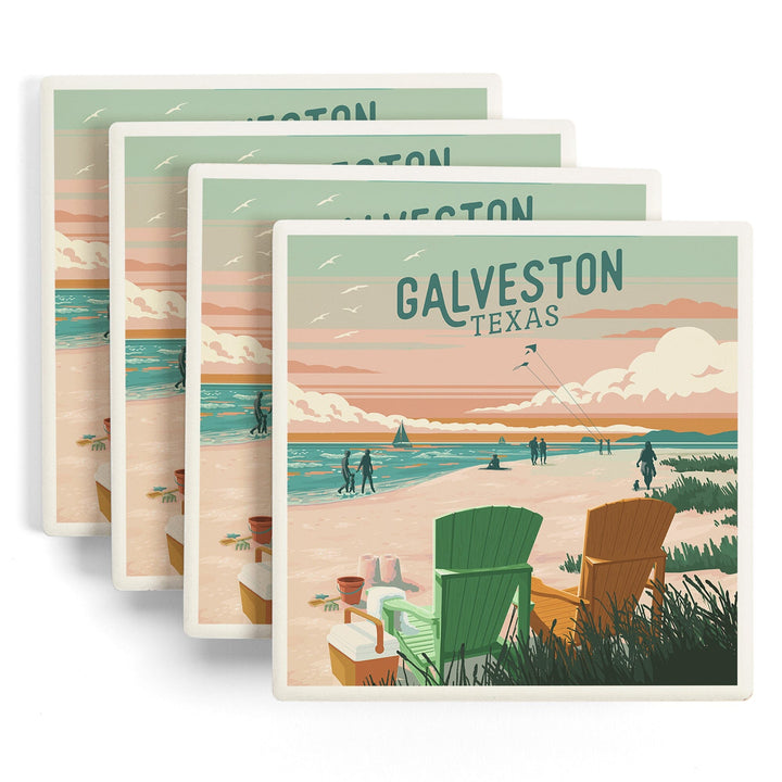 Galveston, Texas, Painterly, Bottle This Moment, Beach Chairs, Coasters Coasters Lantern Press 